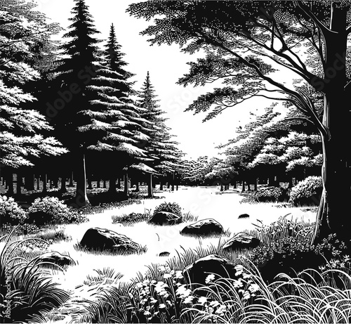 A black and white illustration of a forest scene. Tall pine trees dominate the background with a stream flowing through rocks in the foreground. Lush vegetation and undergrowth fill the landscape.