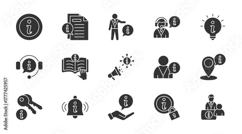 Information thin glyph icon set. Containing news, personal information, help, hint, support, instuctions, inform, user info, location, key information. Vector illustration