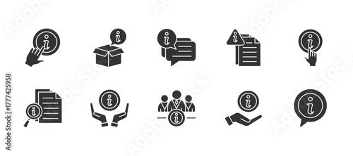 Information thin glyph icon set. Containing learn more, info box, chat, notice, more info, details, give infos, about us, info. Vector illustration