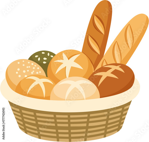 Bread basket vector illustration with assorted rolls and baguettes — warm homemade bakery food for Thanksgiving meal