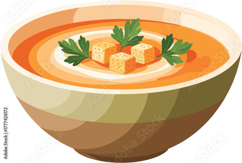 Pumpkin soup vector illustration in warm bowl topped with croutons and parsley — cozy homemade Thanksgiving comfort food