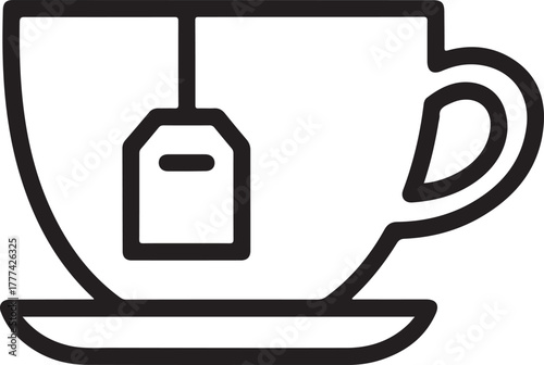 Teacup with tea bag on saucer outline vector icon illustration