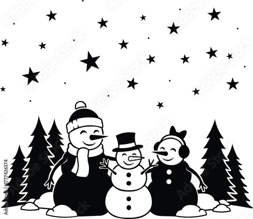 Joyful snowman family celebrates a magical winter night under a starry sky, perfect for holiday designs and festive greetings.