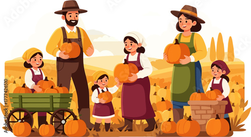Pumpkin harvest vector illustration with farmer family collecting pumpkins in golden field during warm autumn sunset