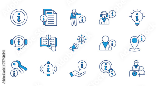 Information thin blue icon set. Containing news, personal information, help, hint, support, instuctions, inform, user info, location, key information. Vector illustration