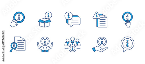 Information thin blue icon set. Containing learn more, info box, chat, notice, more info, details, give infos, about us, info. Vector illustration