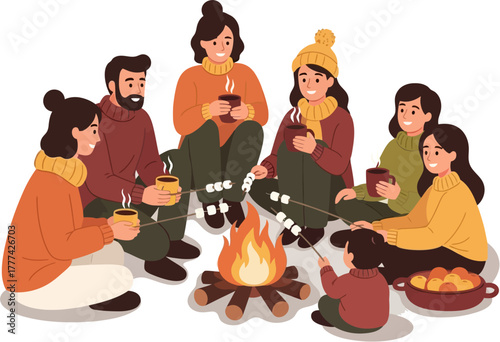 Autumn campfire vector illustration of family sitting outdoors roasting marshmallows and drinking hot cocoa in cozy fall evening