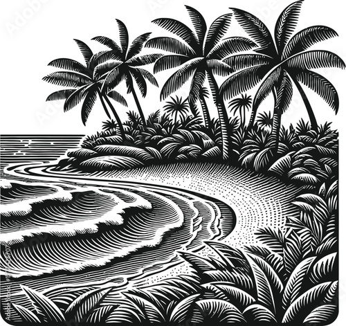 A black and white illustration depicts a tropical beach with lush palm trees lining the shore. Gentle waves roll onto the sandy coast, with foliage framing the foreground.