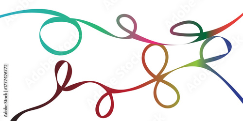 An abstract, playful composition of multiple intertwining, continuous, fluid lines forming distinct loops, figure-eights, and sweeping curves; each line features a smooth, vibrant color gradient (teal