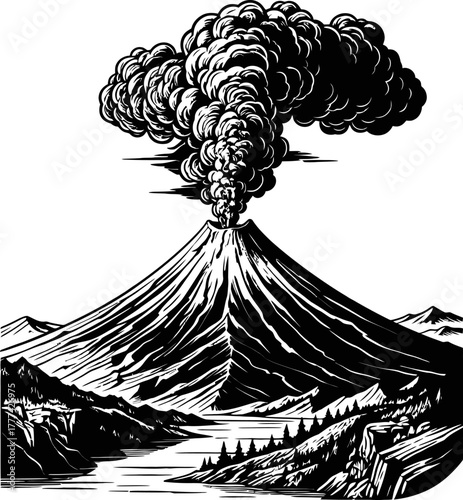 Volcanic Eruption Spewing Smoke and Ash Over a Mountainous Landscape with River
