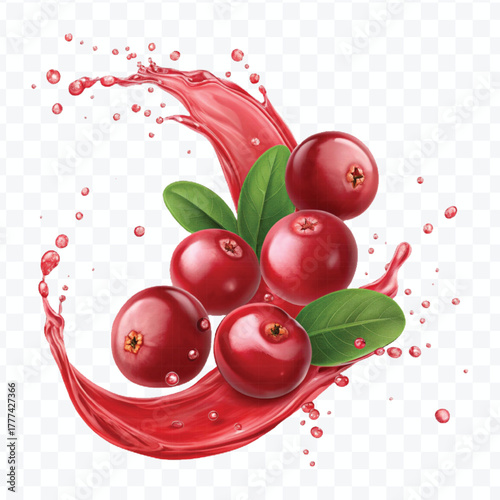 realistic cranberry  fruits with red liquid juice splash in different style isolated on transparent background