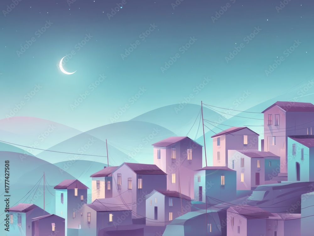 Fototapeta premium Stylized illustration of a town under a night sky with a crescent moon