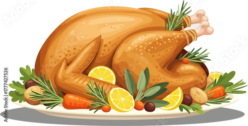Whole roasted Thanksgiving turkey vector illustration with vegetables, herbs, and lemon slices — traditional holiday feast centerpiece