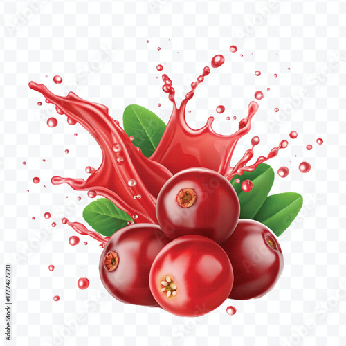 realistic cranberry  fruits with red liquid juice splash in different style isolated on transparent background