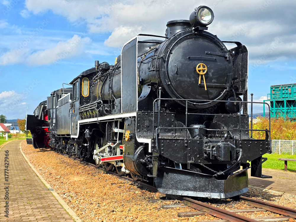 Obraz premium Black metal steam train and rail track in the outdoor history museum