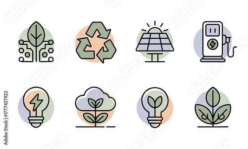 Collection of EcoFriendly Icons Representing Sustainability and Green Energy.