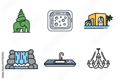 Bathroom and Personal Hygiene Vector Icons Set: Bath, Hair Care, Hand Washing, Robe, Spa & Beauty Glyph Symbols