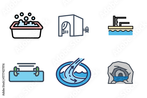 Simple Vector Icons Set: Almond, Spray Bottles, Pouf, and Rolled Mat. Black and White Graphic Symbols for Design and UI/UX Projects.