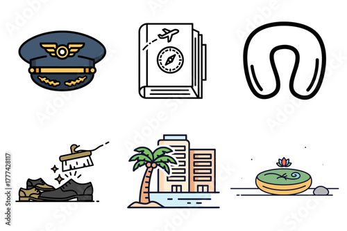Travel and Vacation Icon Set - Pilot, Passport, Resort, Neck Pillow, Shoe Shine & Spa Symbols for Tourism, Holiday & Hospitality Design