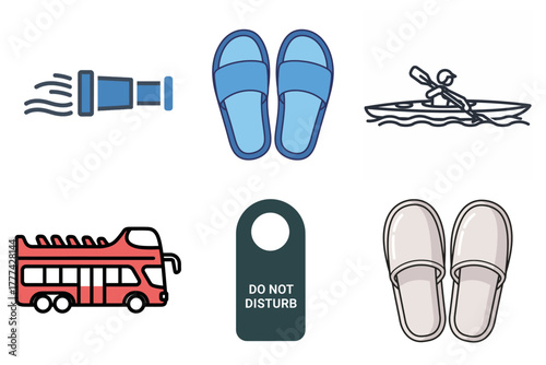 Travel, Leisure, and Comfort Vector Icon Set: Kayak, Slippers, Bus, Do Not Disturb Sign, Water Flow