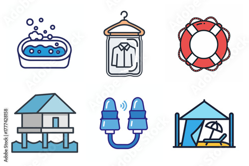 Travel and Vacation Icons Set: Hotel Services, Beach Relaxation, Safety, and Comfort