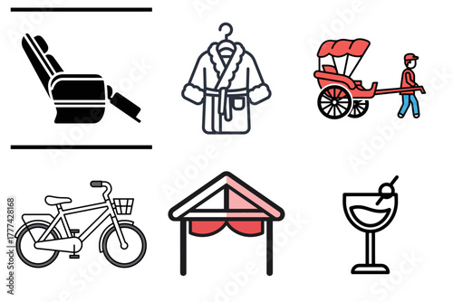 Travel, Leisure, and Lifestyle Vector Icon Set: Transport, Comfort, and Holiday Elements