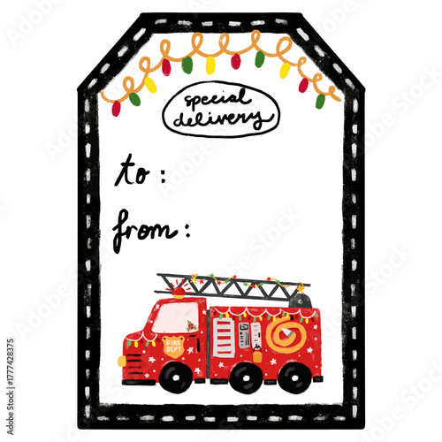 cute blank empty kids hand drawn doodle christmas gift boxes label tag stickers with fire engine truck rescue team vehicle transportation themes watercolor crayon illustration design clipart