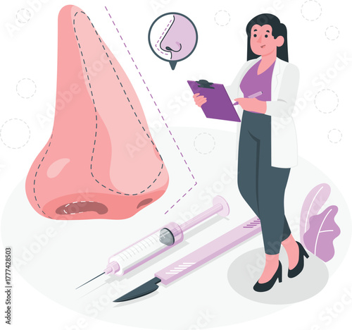 Plastic surgeon planning nose job with syringe and scalpel Keywords: plastic surgery, nose job