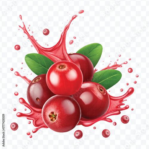 realistic cranberry  fruits with red liquid juice splash in different style isolated on transparent background