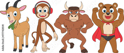 Cartoon animal characters — cool monkey, superhero bear, strong bull, and cute goat illustration set for kids and mascot design