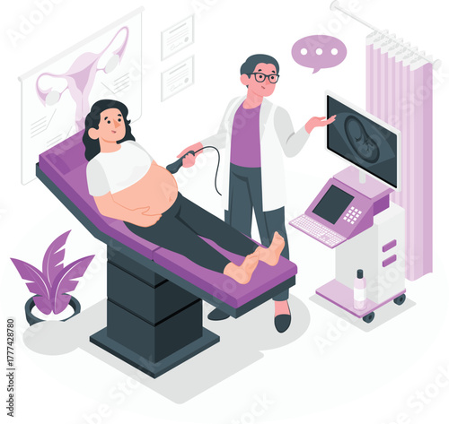 Pregnant woman undergoing ultrasound scan with doctor pregnancy