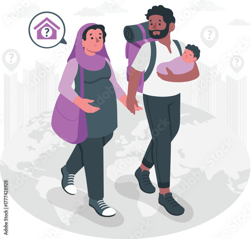 Pregnant couple with baby walking through city with question marks family travel