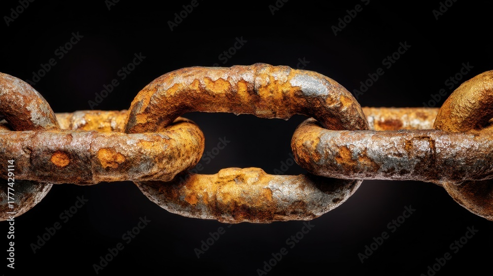 Fototapeta premium Close up of a rusty metal chain section on a black background, representing strength, connection, and historical resilience a symbol of endurance.