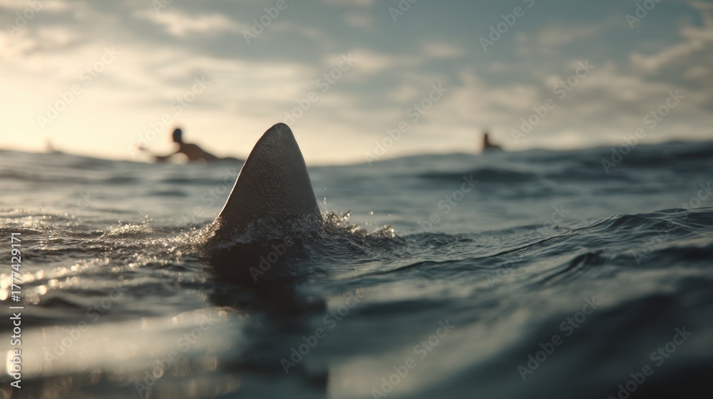 Fototapeta premium Shark fin emerges from ocean water with blurred surfers in the background. Danger and fear concept for marine biology or adventure.