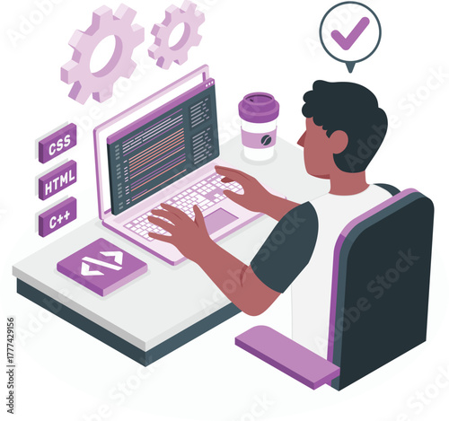 Programmer coding on a laptop with gears and coffee cup programming developer