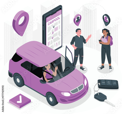 Purple carpool car with passengers and navigation app on phone transportation