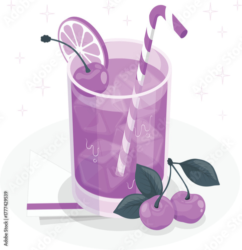 Purple cherry drink with ice and garnish beverage