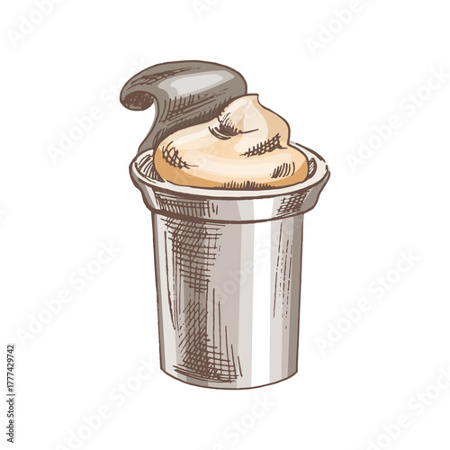 A cup of sour cream, yogurt. Ink sketch isolated on white background. Hand drawn vector illustration. Vintage style stroke drawing.