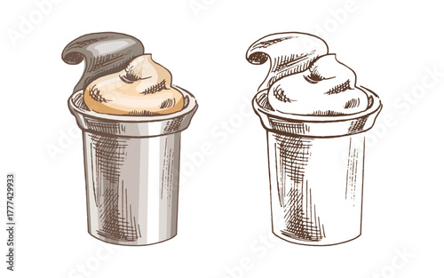 A cup of sour cream, yogurt. Ink sketch isolated on white background. Hand drawn vector illustration. Vintage style stroke drawing.