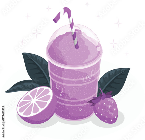 Purple Smoothie In Plastic Cup With Strawberry And Lemon drink beverage