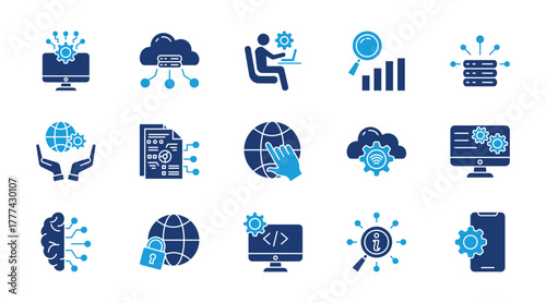 Information technology thin flat icon set. Containing cloud computing, it manager, data analytics, big data, it governance, digital data, internet, internet of things, operating. Vector illustration
