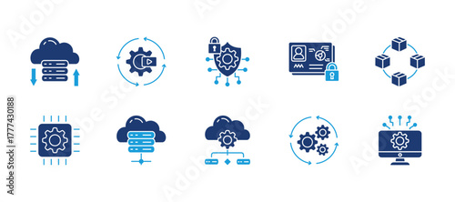 Information technology thin flat blue icon set. Containing cloud storage, automation, cyber security, data privacy, blockchain, hardware, server, it infrastructure, process. Vector illustration