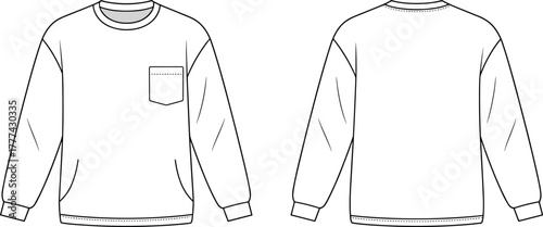 Crewneck sweatshirt fashion flat vector, unisex long sleeve sweater with pocket, casual pullover CAD drawing front and back