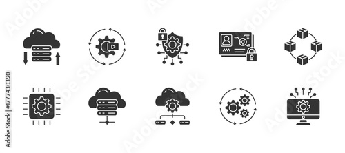 Information technology thin glyph icon set. Containing cloud storage, automation, cyber security, data privacy, blockchain, hardware, server, it infrastructure, process. Vector illustration