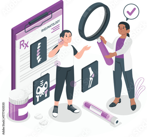 Rheumatology doctor examining patient with X-rays and magnifying glass Keywords: rheumatology