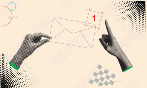 Modern graphic concept of sending and receiving email, featuring hands interacting with a message icon and a red notification (1), representing email marketing, digital delivery, important news