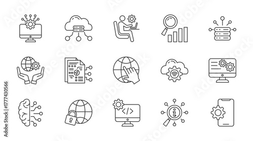 Information technology thin line icon set. Containing cloud computing, it manager, data analytics, big data, it governance, digital data, internet, internet of things, operating. Vector illustration