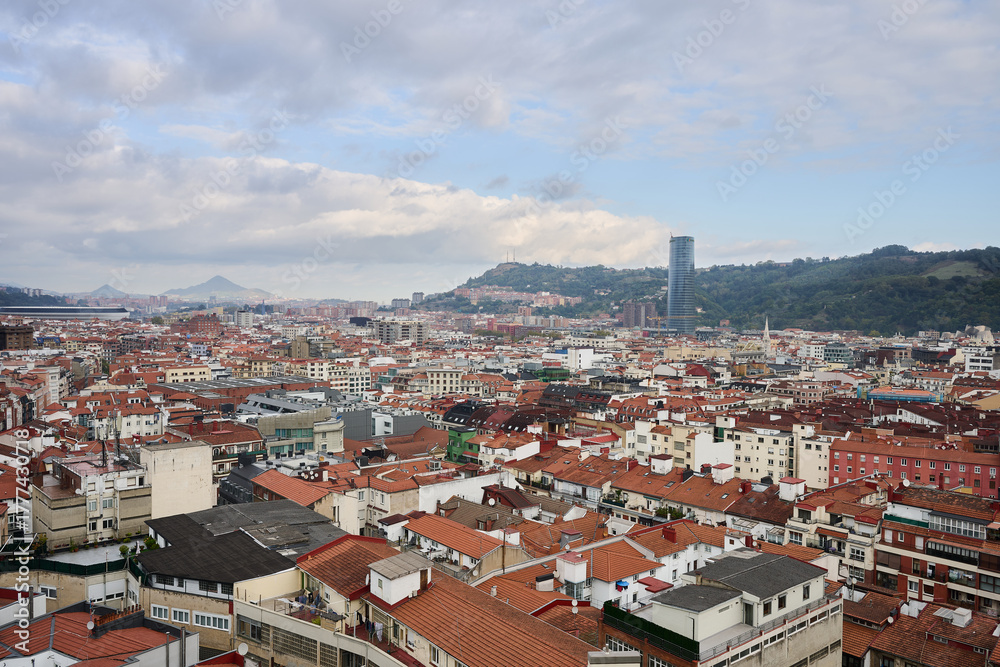 Fototapeta premium Bilbao city skyline featuring buildings and green mountains