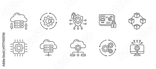 Information technology thin line icon set. Containing cloud storage, automation, cyber security, data privacy, blockchain, hardware, server, it infrastructure, process. Vector illustration