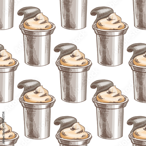 Hand drawn vintage seamless pattern of creamy yogurt dessert in plastic cup with open foil lid pastel illustration